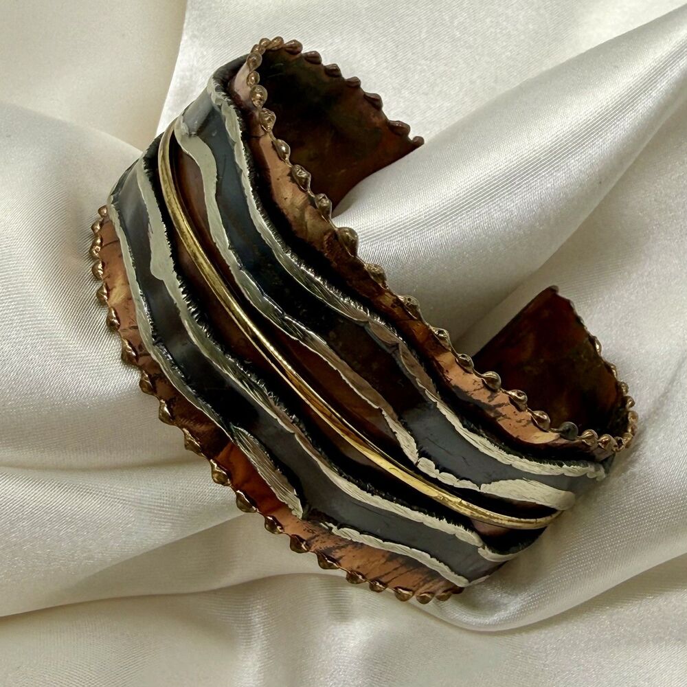 Copper Black Silver Tone Cuff Bracelet Wide Artisan Rustic Hammered Boho Bold
